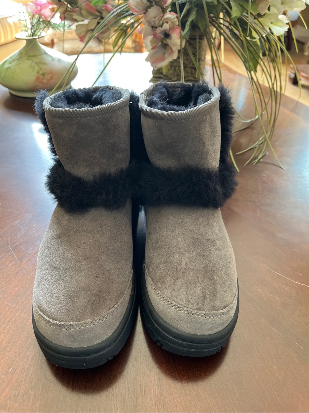 UGG Gray Suede Ankle Booties with Black Fur Trim